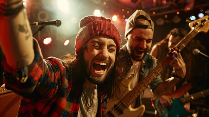 Obraz premium Rock band in a candid moment before the show