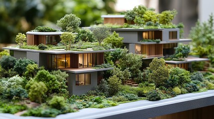 Fototapeta premium eco-friendly architecture featuring green residential homes and community gardens surrounded by lush vegetation in urban planning