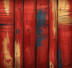 A close-up of weathered wooden planks featuring vibrant red, faded black, and natural wood tones, perfect for backgrounds, textures in design projects, or rustic-themed decor,