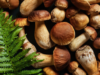 Assorted fresh mushrooms on wooden plates with green fern leaves on rustic wooden table background...