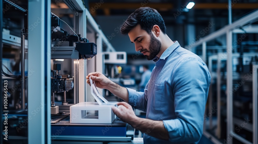Poster a technician working on a pressing machine in an advanced manufacturing facility during evening hour