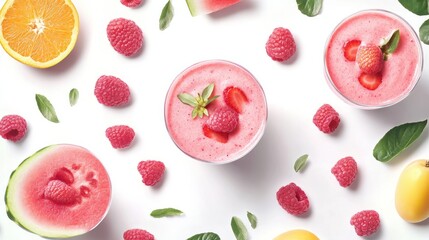 Naklejka premium Creative layout made of smoothies and fruits around Flat lay Food concept Smoothies on the white background with watermelon strawberries apricot orange raspberry dragonfruit and grapef : Generative A