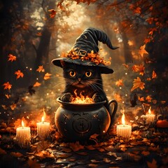 A dreamy Halloween motif featuring a black cat in a witch hat sitting near a cauldron surrounded by swirling autumn leaves and flickering candles