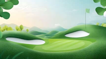 Illustrated Golf Course with Mountain Landscape,generative ai