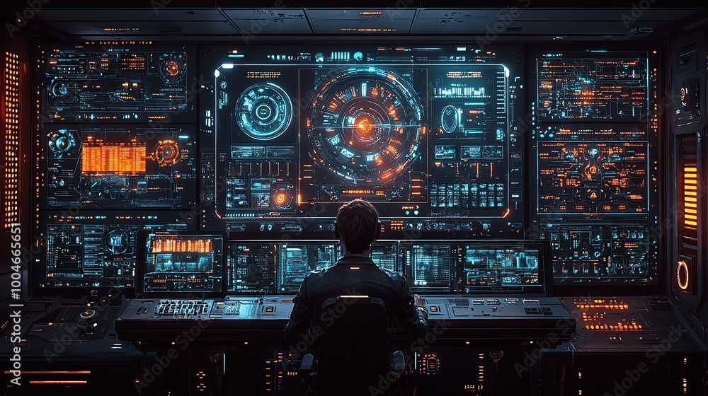 Poster a person sits in front of a futuristic control panel with glowing interfaces.