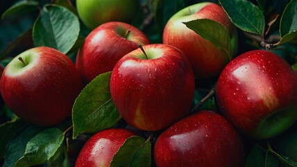 Obraz premium Fresh red apples with green apple among lush leaves, harvested in an orchard during early autumn season