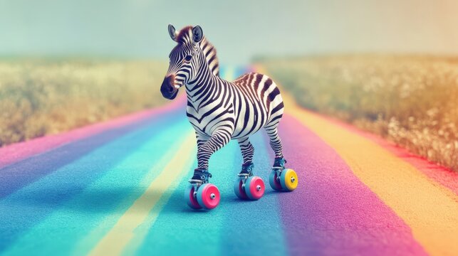 A zebra joyfully skates on roller skates along a vibrant rainbow road, surrounded by a dreamy landscape of fields and a bright sky, creating a delightful scene