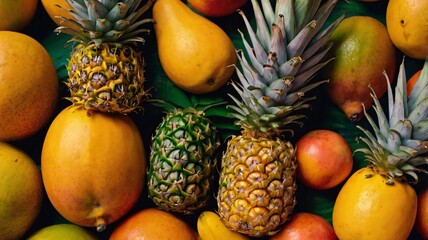 A vibrant assortment of tropical fruits including pineapples, mangoes, and papayas on a green background, showcasing their natural colors