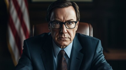 Fototapeta premium Serious politician sitting at desk with american flag behind him
