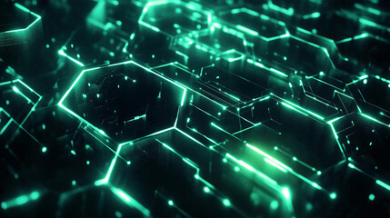 Obraz premium A futuristic pattern of interconnected green hexagons with neon highlights. 