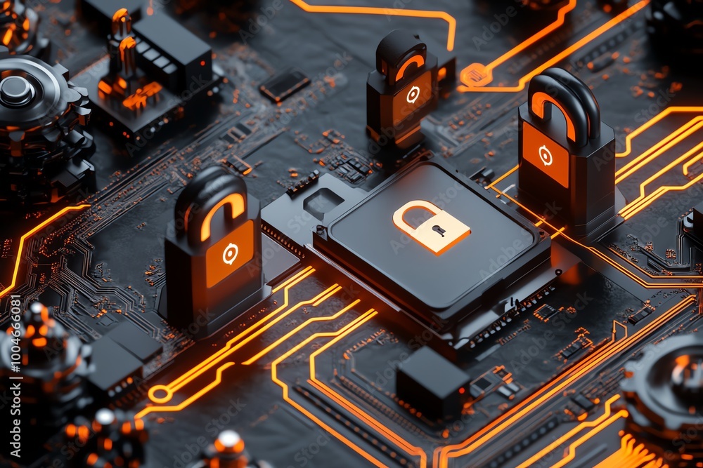 Poster 3D-rendered encrypted data stream flowing between devices, with fully modeled encryption locks and anonymous user symbols in a dynamic, digital environment