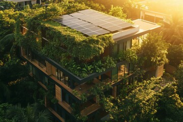 Fototapeta premium Modern eco-friendly building with rooftop solar panels and lush green balconies covered in plants. Sustainable architecture and energy efficiency concept. Aerial view