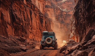 Off-road vehicle driving through a narrow canyon with red rock walls. Overlanding adventure in rugged desert terrain.