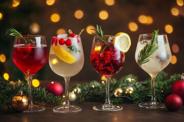 Festive Holiday Cocktails. Glasses of cocktails with Christmas decoration on bokeh lights background. Season drink set. Vibrant colorful display of various winter cocktails for New Year celebrations