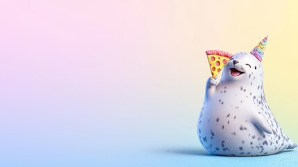 A playful seal balancing a pizza slice on its nose with a happy expression, on a gradient pastel blue and yellow background.