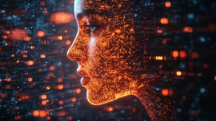 advanced AI recognition concept with a futuristic interface processing binary code and data visualizations employing deep learning and machine learning technology