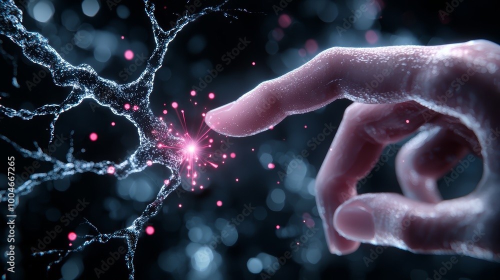 Poster abstract human hand barely touching a glowing neural network, with sparks of light at the point of c