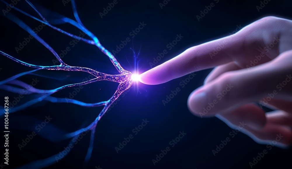 Poster abstract human hand barely touching a glowing neural network, with sparks of light at the point of c