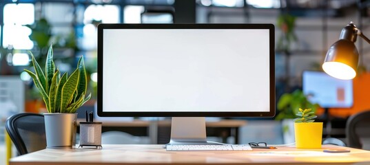 Modern white monitor screen in a lively office, minimalist and versatile for graphics
