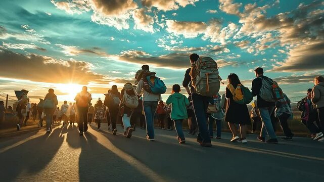 Large group of Refugees walking along a road towards a vibrant sunset, captured in slow motion