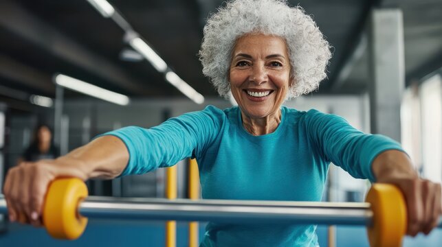 Smiling senior woman using parallel bars during physical therapy