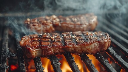 outdoor summer BBQ with juicy T-Bone steaks cooking over a hot charcoal grill with grill marks and smoke rising creating a perfect grilling atmosphere
