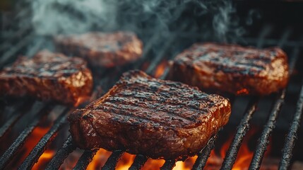 outdoor summer BBQ with juicy T-Bone steaks cooking over a hot charcoal grill with grill marks and smoke rising creating a perfect grilling atmosphere