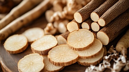 Freshly sliced and whole burdock root on a wooden surface.