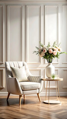 Living room interior with white armchair and flower, wall mock up background, 3D render, white Mock up