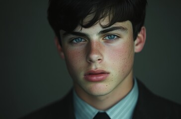 Obraz premium The young man displays a confident demeanor, wearing formal clothing, with soft lighting highlighting his features in a neutral background
