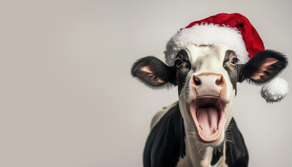 Funny Christmas card of a happy laughing cow wearing Santa Claus hat, isolated on white background with copy space