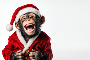 Funny Christmas card of a happy laughing chimpanzee monkey wearing Santa Claus hat, isolated on white background with copy space