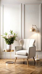 Living room interior with white armchair and flower, wall mock up background, 3D render, white Mock up