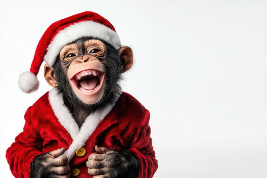 Funny Christmas card of a happy laughing chimpanzee monkey wearing Santa Claus hat, isolated on white background with copy space