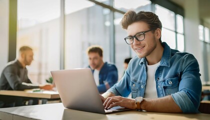 Young Man Working on Laptop in Modern Office Setting During Daytime