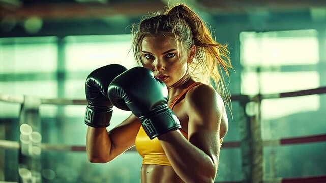 Montage showcasing a female boxer practicing punches in slow motion, highlighting strength, skill, and determination