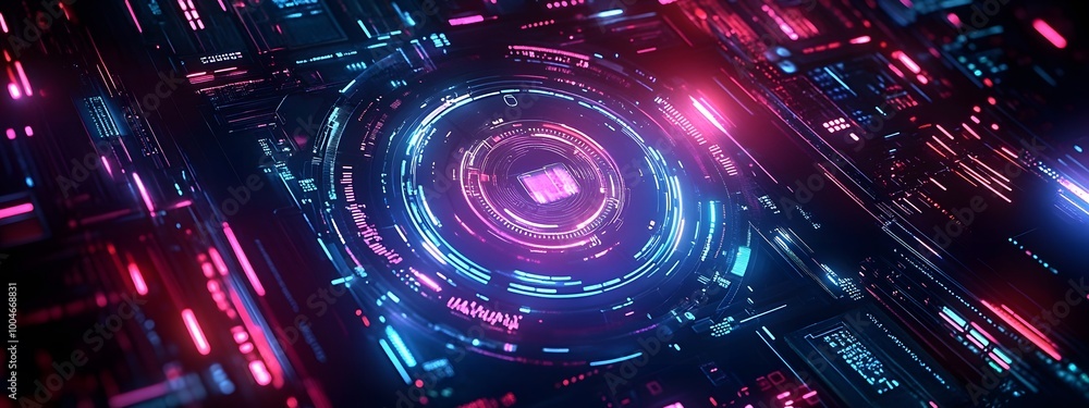 Poster abstract technology background for gaming interfaces, featuring futuristic hud elements, neon overla