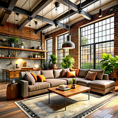 Living room interior in loft, industrial style, 3d render
