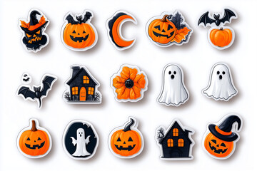 planche d'illustrations, stickers, halloween, fantômes, citrouilles, araignées, chauve souris, mignon, drôle, rigolo, effrayant, fête, déguisement, blanc, orange, noir, illustrations, dessins, vecteur