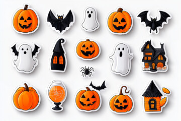 planche d'illustrations, stickers, halloween, fantômes, citrouilles, araignées, chauve souris, mignon, drôle, rigolo, effrayant, fête, déguisement, blanc, orange, noir, illustrations, dessins, vecteur