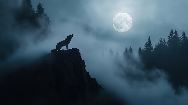 A majestic wolf stands atop a rocky cliff, howling at the glowing full moon. Surrounding mist and dense trees create a serene atmosphere on a quiet night