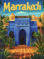 This retro travel poster captures the essence of Marrakech with its stunning blue architecture framed by lush greenery, inviting viewers to discover the citys unique charm and history.