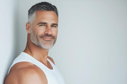 Fabulous at any age. Portrait of charismatic muscular 50 years old man wearing white sleeveless undershirt vest standing over light gray background. Perfect haircut and body. Copy-space. Studio shot