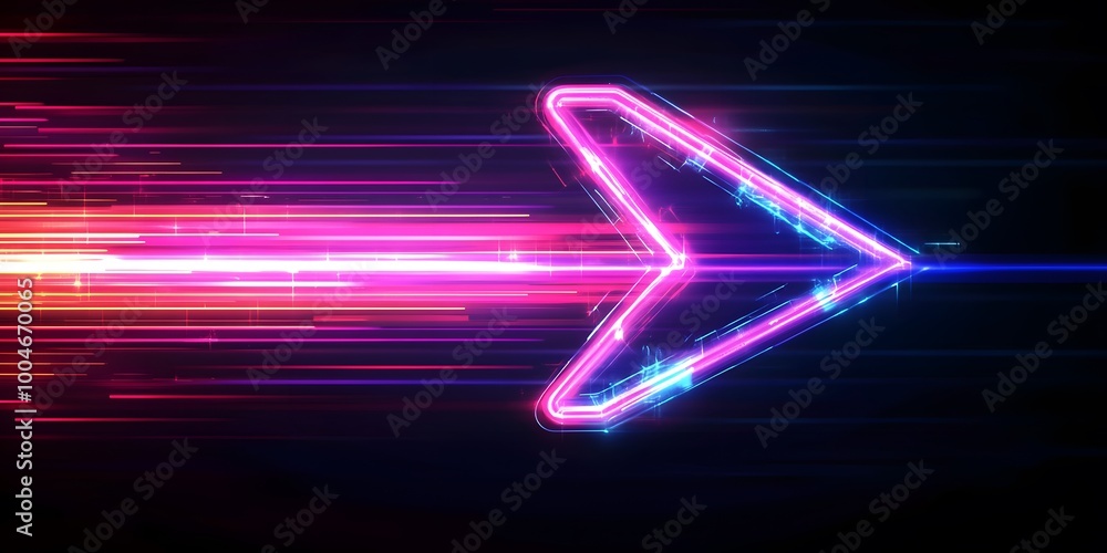 Poster digital arrow pointing right shaped by dynamic neon glowing lines in a dark background, generative a
