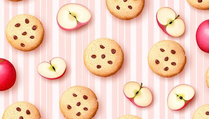 Obraz premium Flat vector design of peanut butter cookies with apple slices spread out on a striped pastel peach background.