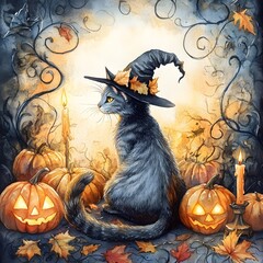 Fototapeta premium A mystical Halloween cat wearing a witch hat seated near pumpkins swirling vines glowing candles and autumn leaves done in dreamy watercolor
