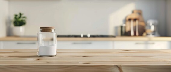 Blurred background of a kitchen interior with a wooden countertop and space for a product display presentation mock up