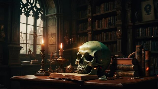 Skull on top of books in a library with a mysterious feel, in a subtle looping video 