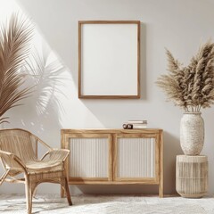 Bohemian Home Decor. Mockup Frame on Retro Cabinet in Living Room Interior