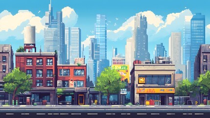 cartoon pixel art cityscape game background.generative ai